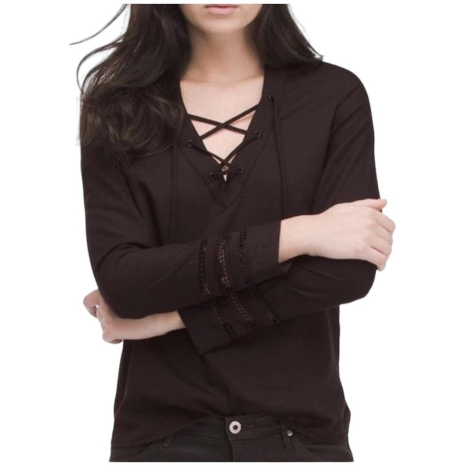 Ag Adriano Goldschmied Bliss Lace Inset Lace Up Top Black Xs Euc